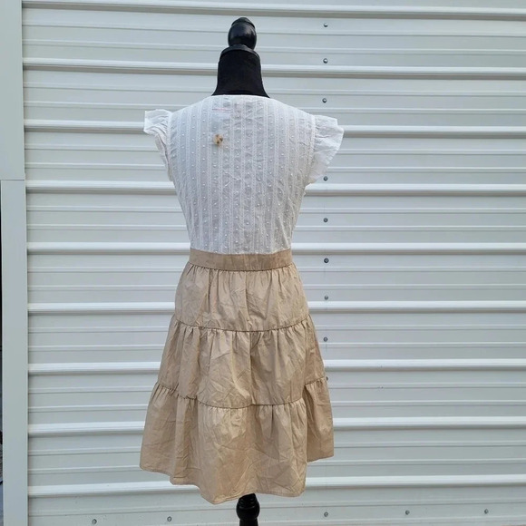 Mine Flutter Sleeve Button Down White Tan A-Lind Mini Dress Cap Sleeve Sz Large - Picture 4 of 10